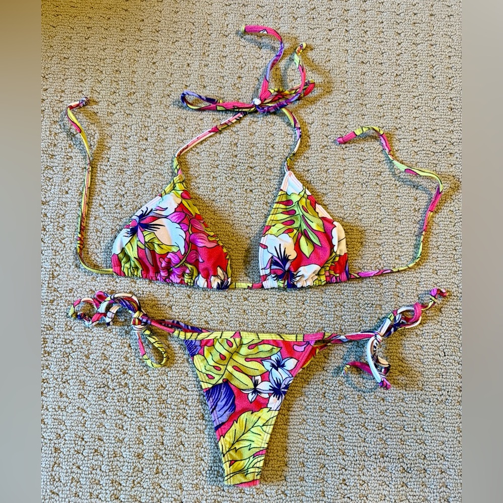 Women’s Tiny Floral Tie-String Bikini in Pink & Lime, by Mulata Brasil